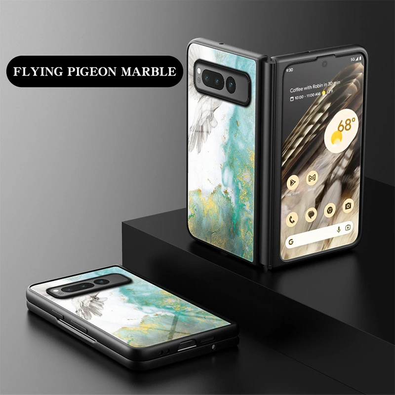 Google Pixel Fold ケース 大理石柄 背面ガラス型 耐衝撃 可愛い