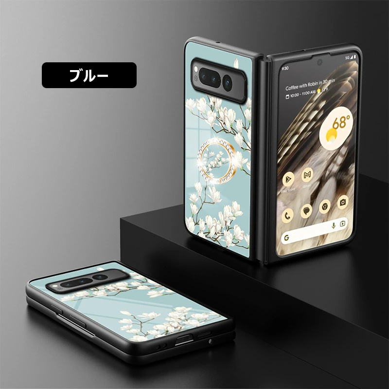 落下防止リング付き Google Pixel Fold 背面強化ガラスケース 光沢 360