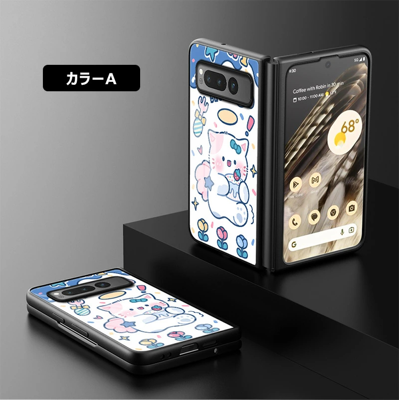 9H強化ガラス google pixel fold ガラスケース 光沢 可愛い ねこ 猫 耐