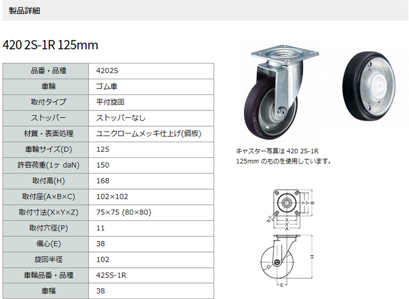 本格派ま！4202S-1R125 ハンマーキャスター 自在ストッパーなし 物流