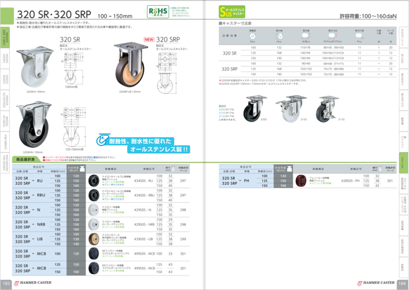 320SR-UB125 ハンマーキャスター 固定ストッパーなし 物流、運搬用