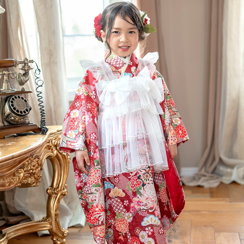チュール　被布　エプロン　七五三　紅白　女の子　レトロ　着物　フリル　赤　白 チュール 被布 エプロン 七五三 紅白 女の子 レトロ 着物 フリル 赤 白