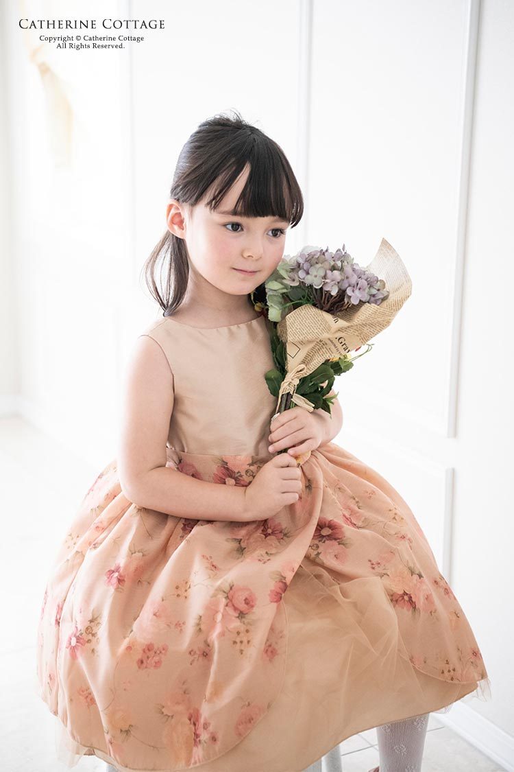 子供服 キッズ 子供ドレス 薔薇柄ゴールドオーガンジードレス 発表会 結婚式