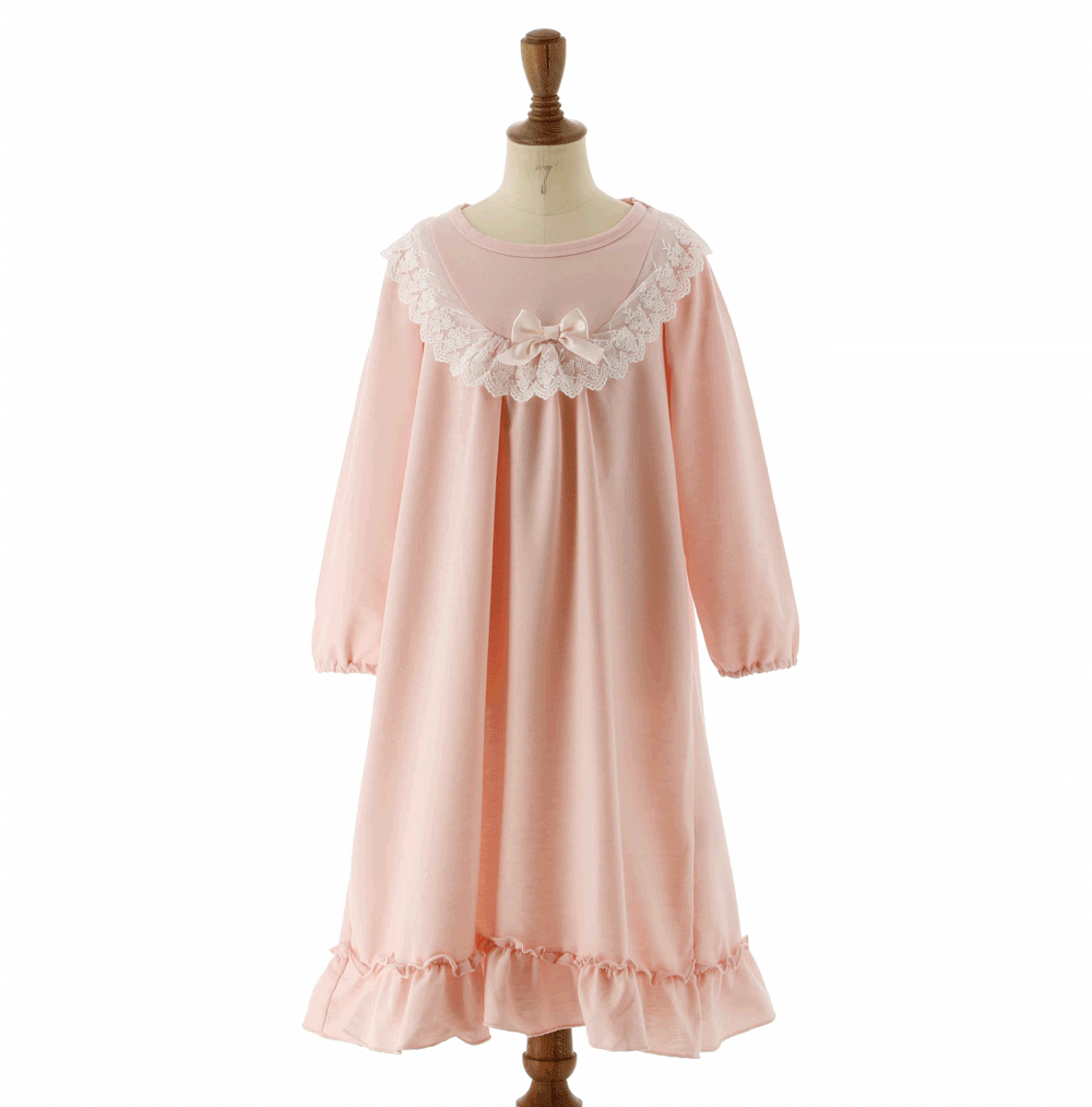 やわらか裏毛のヨークレースネグリジェ 長袖 パジャマ キッズ 女の子 ルームウェア カジュアル