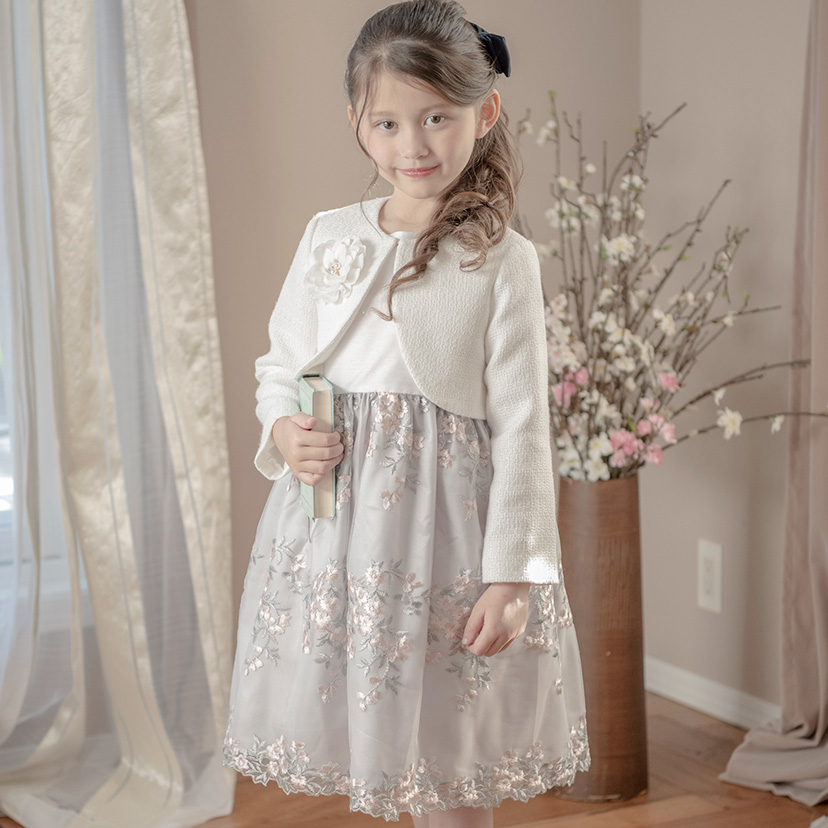 入学式 女の子 服 スーツ 送料無料 白ツイードボレロ＆花刺繍チュール 