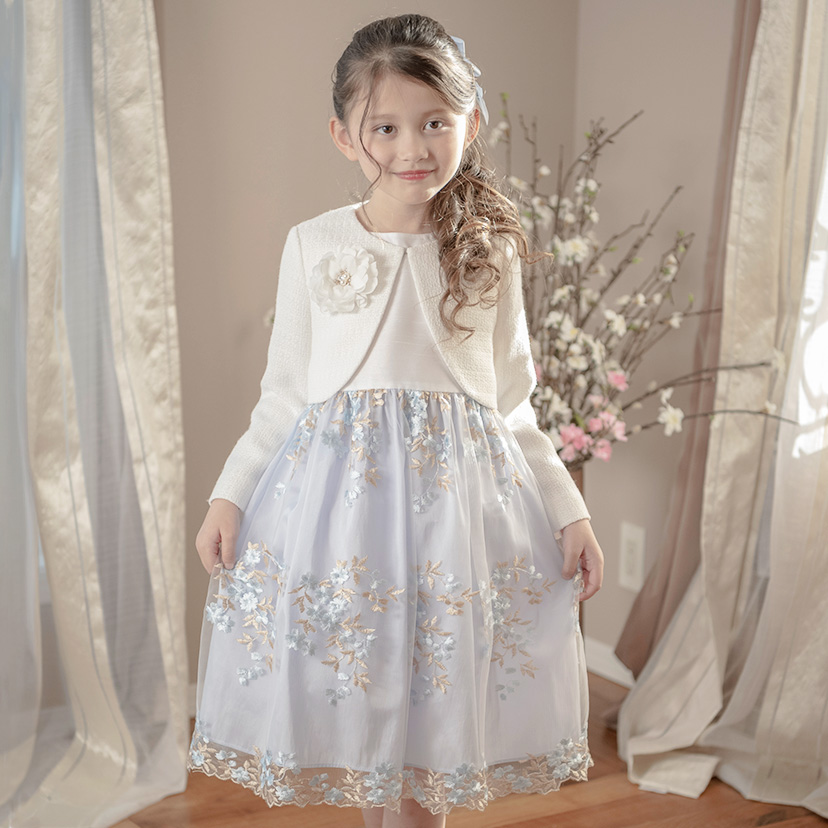 入学式 女の子 服 スーツ 送料無料 白ツイードボレロ＆花刺繍チュール