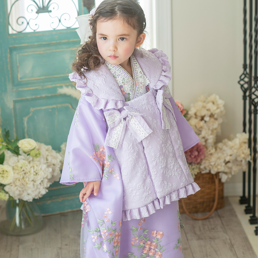七五三 3歳女の子 着物 送料無料 花刺繍チュールレース着物ワンピース＆ TAK 被布セット 和装