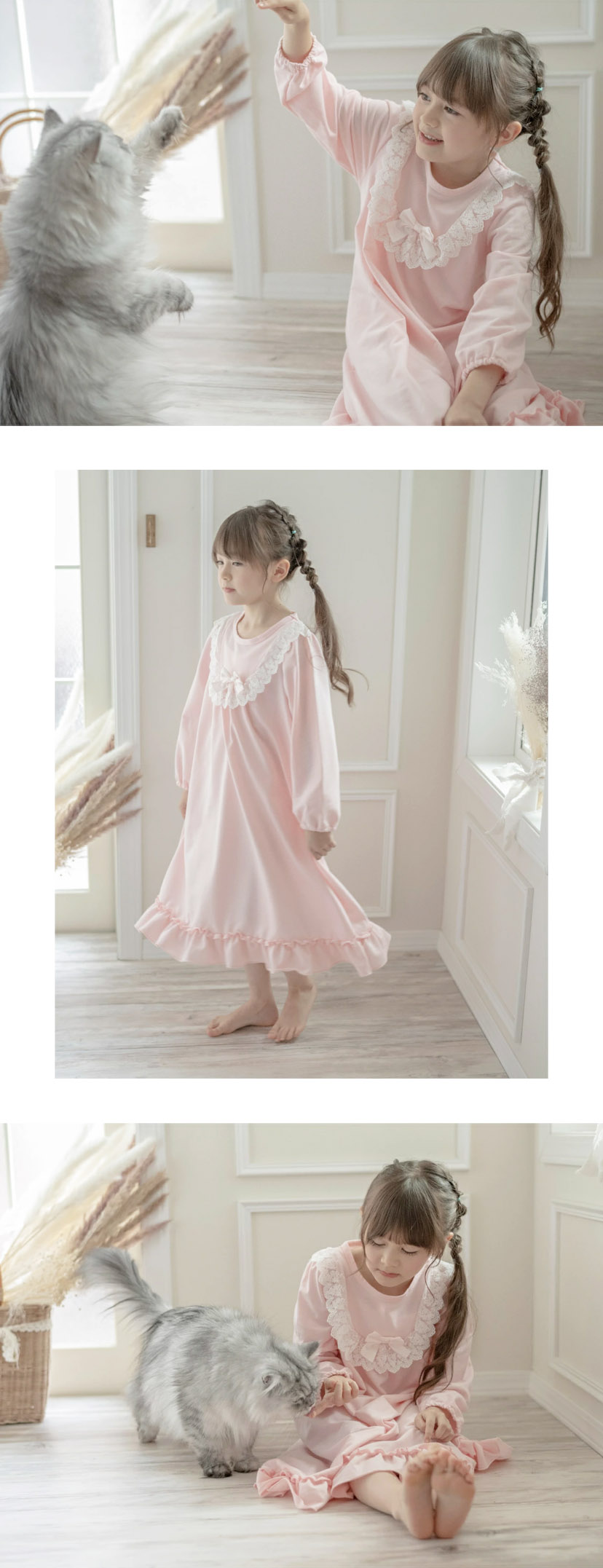 やわらか裏毛のヨークレースネグリジェ 長袖 パジャマ キッズ 女の子 ルームウェア カジュアル
