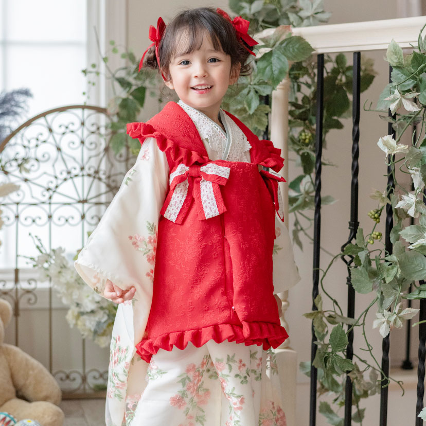 七五三 3歳女の子 着物 送料無料 花刺繍チュールレース着物ワンピース 