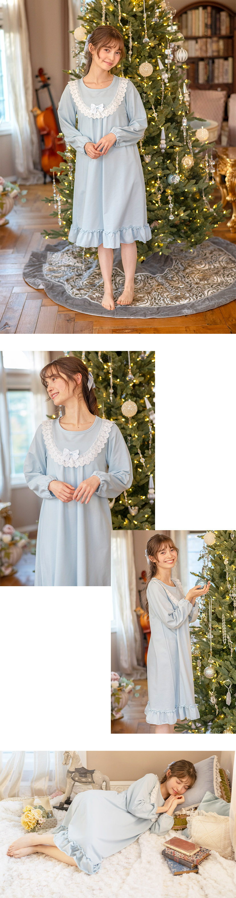 やわらか裏毛のヨークレースネグリジェ 長袖 パジャマ キッズ 女の子 ルームウェア カジュアル