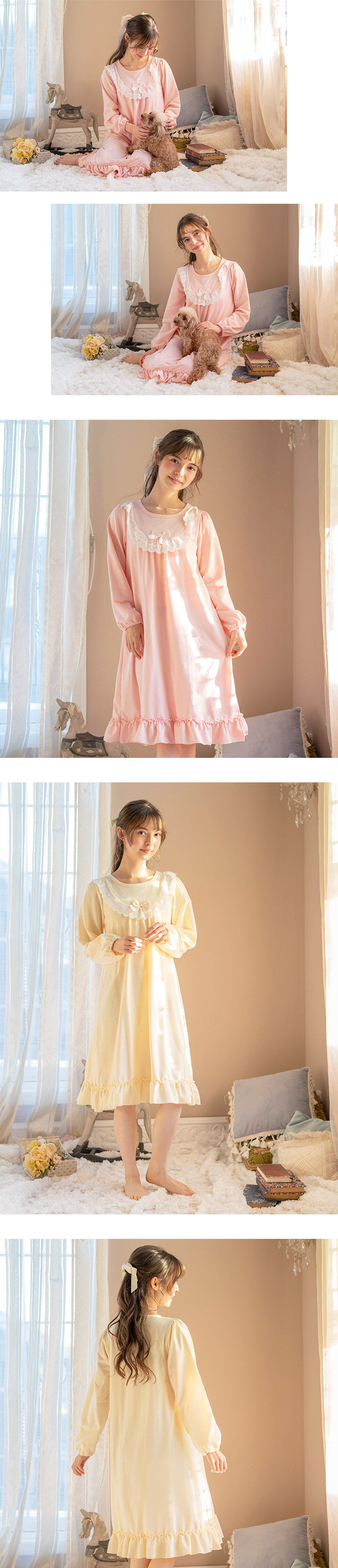 やわらか裏毛のヨークレースネグリジェ 長袖 パジャマ キッズ 女の子 ルームウェア カジュアル