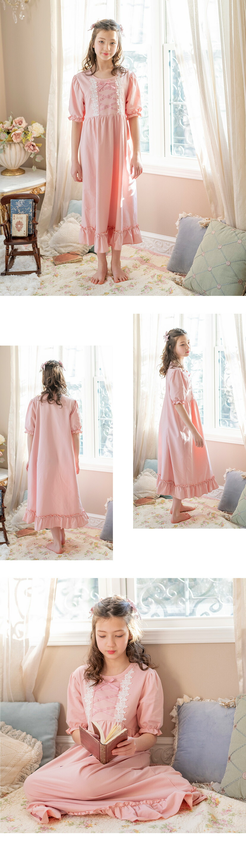 半袖フラワーレース＆クロスリボンネグリジェ モデル画像6