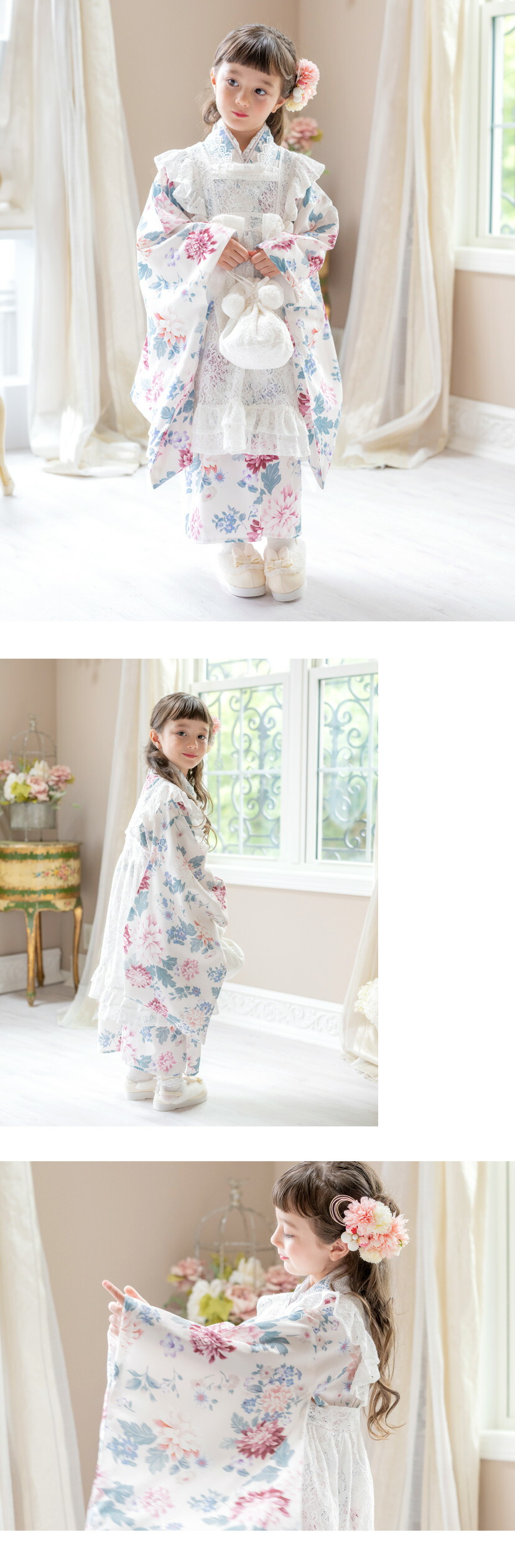 後ろファスナーで着る！ エプロン着物ワンピース  女の子 七五三 モデル画像2