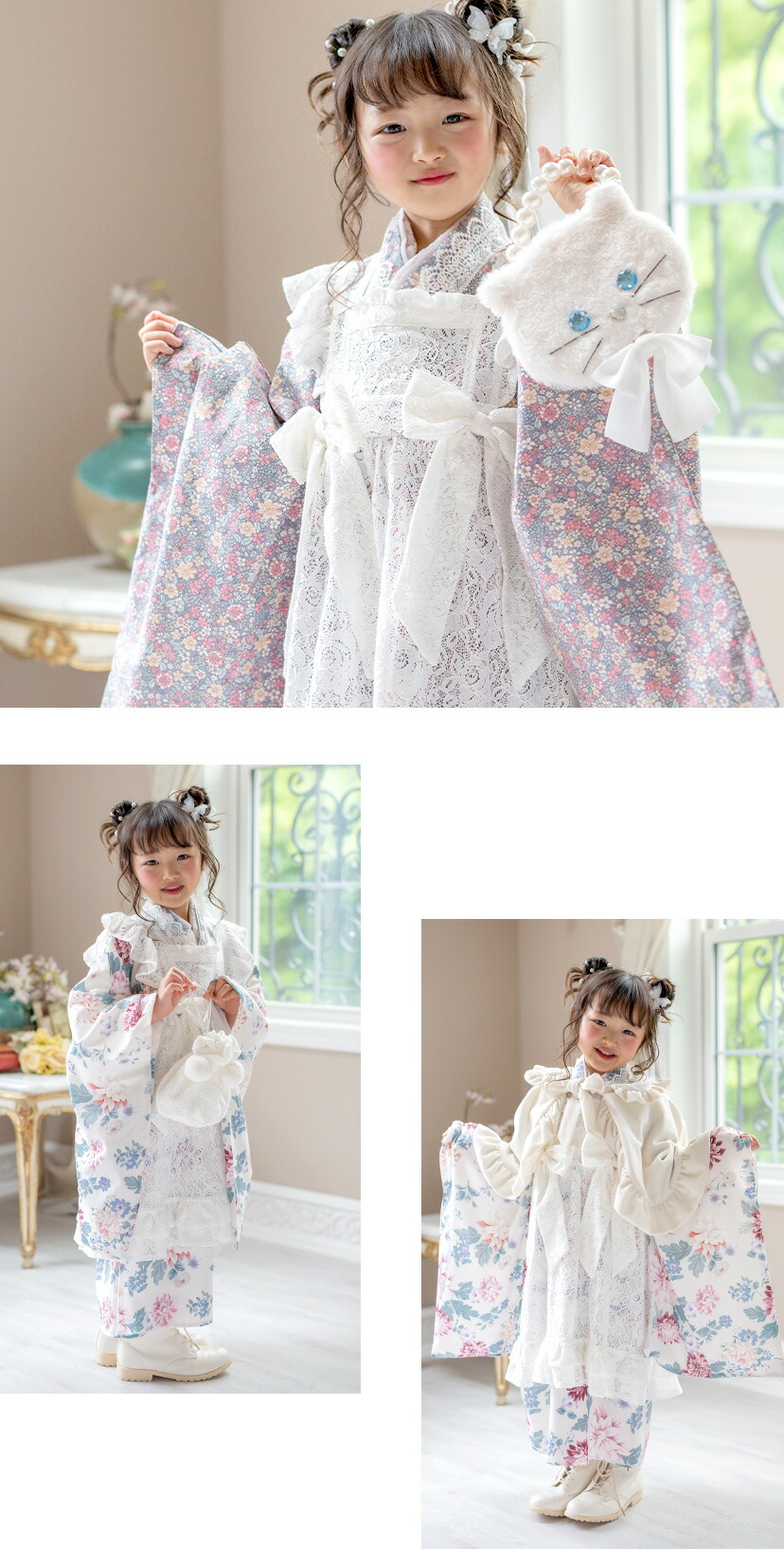 後ろファスナーで着る！ エプロン着物ワンピース  女の子 七五三 モデル画像4