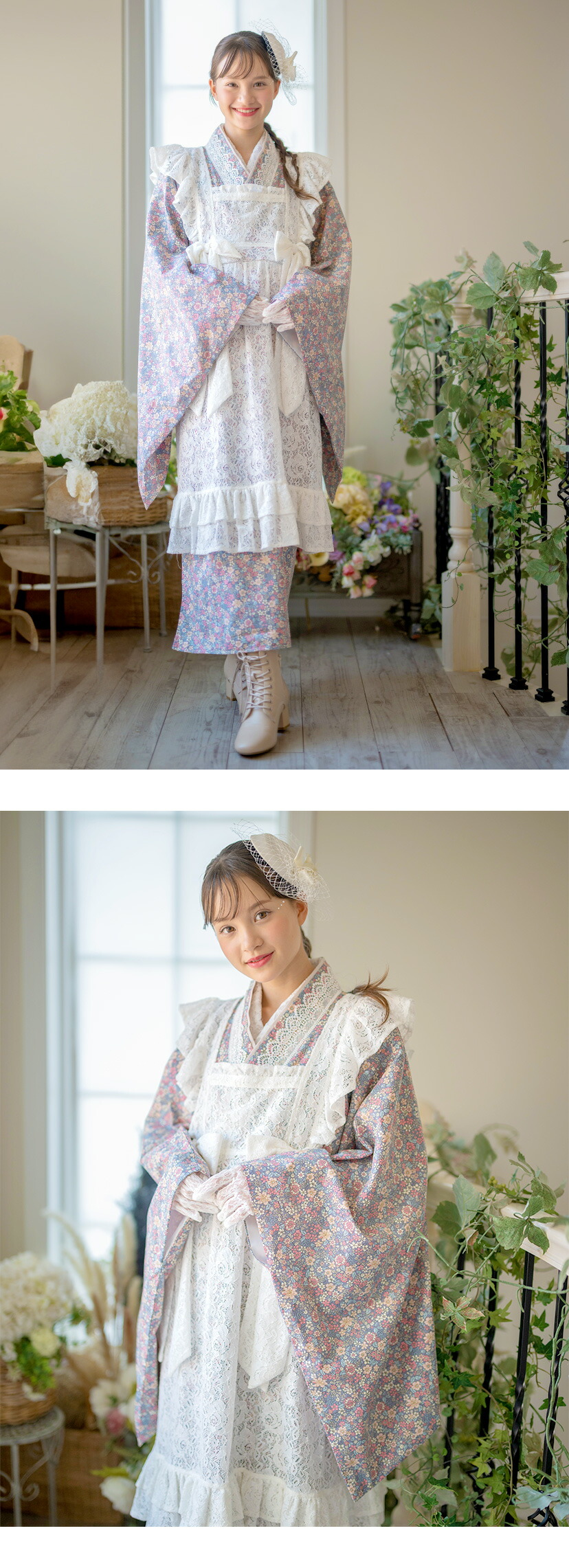 後ろファスナーで着る! エプロン着物ワンピース 女の子 レディース モデル画像1