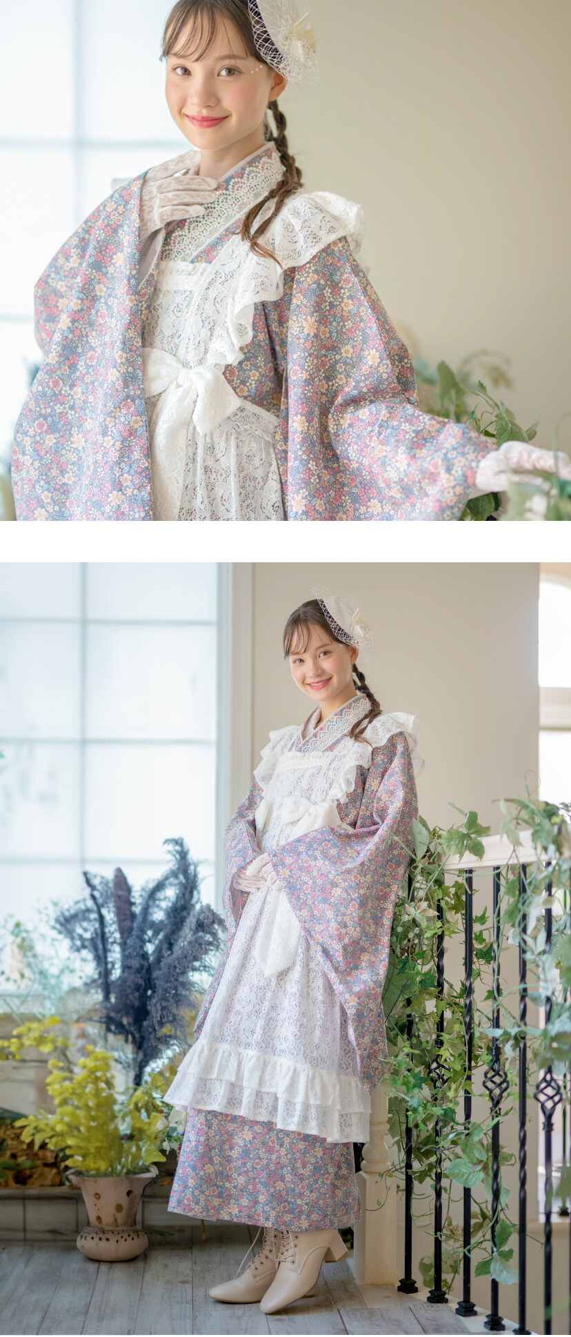 後ろファスナーで着る! エプロン着物ワンピース 女の子 レディース モデル画像2