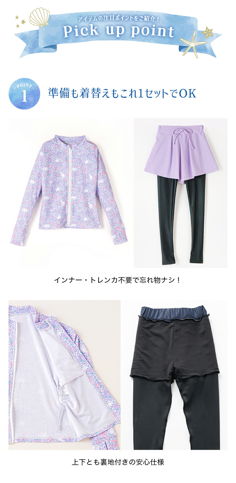 ラッシュガード×トレンカ一体型ショートパンツ 水着セット ポイント1