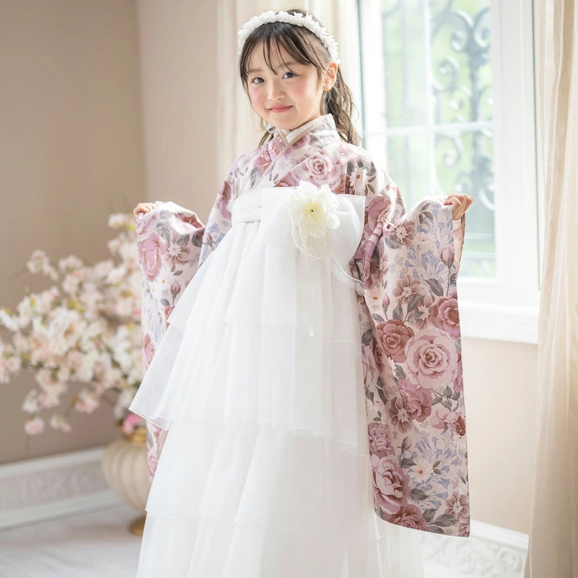 背中ファスナー ティアードフリル袴ドレス 卒業袴 小学校卒業式 卒園式 女の子 チュール袴 ワンピース袴 コサージュ付き 花柄 和柄 TAK キャサリンコテージ | Catherine Cottage | 02