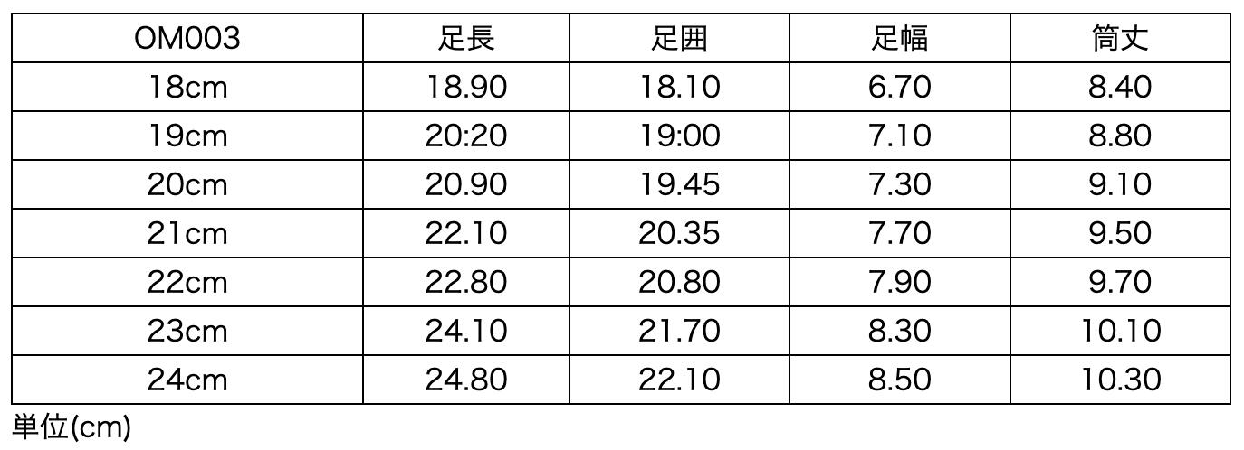 OM003サイズ表