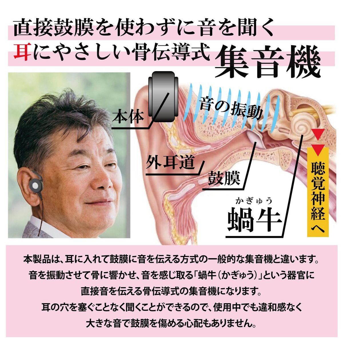 骨伝導 集音器 集音 介護 USB充電式 全指向性 高感度 コンデンサーマイク搭載 ヘッドホン型 簡単装着 ヘッドフォン 散歩 旅行 危険 安心 安全 施設おすすめ