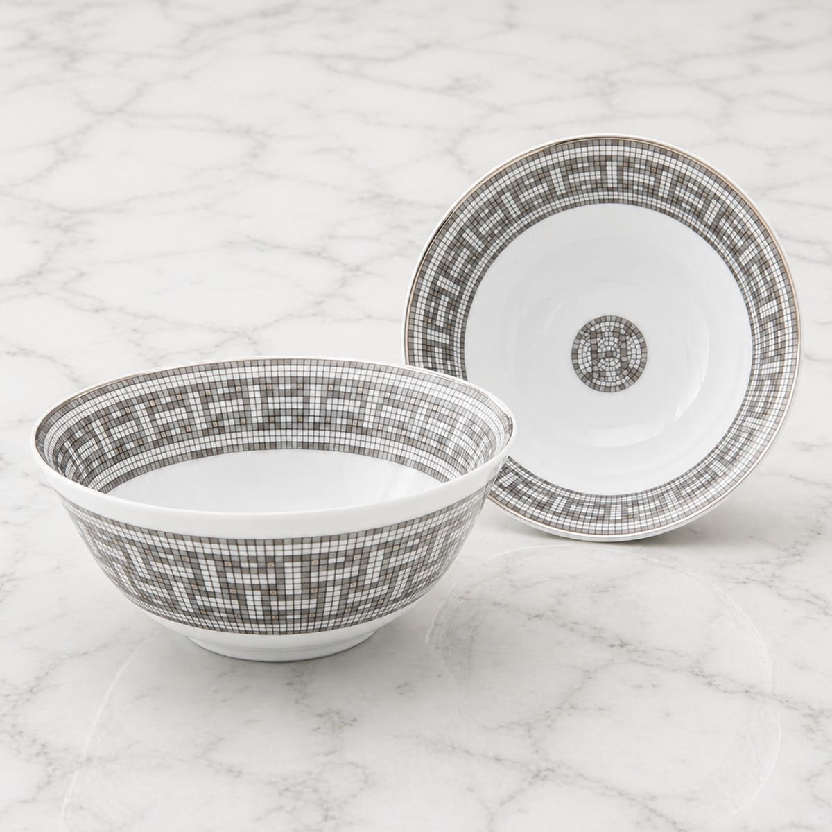 エルメス ライスボウル 2客セット HERMES お茶碗 モザイク24 プラチナ