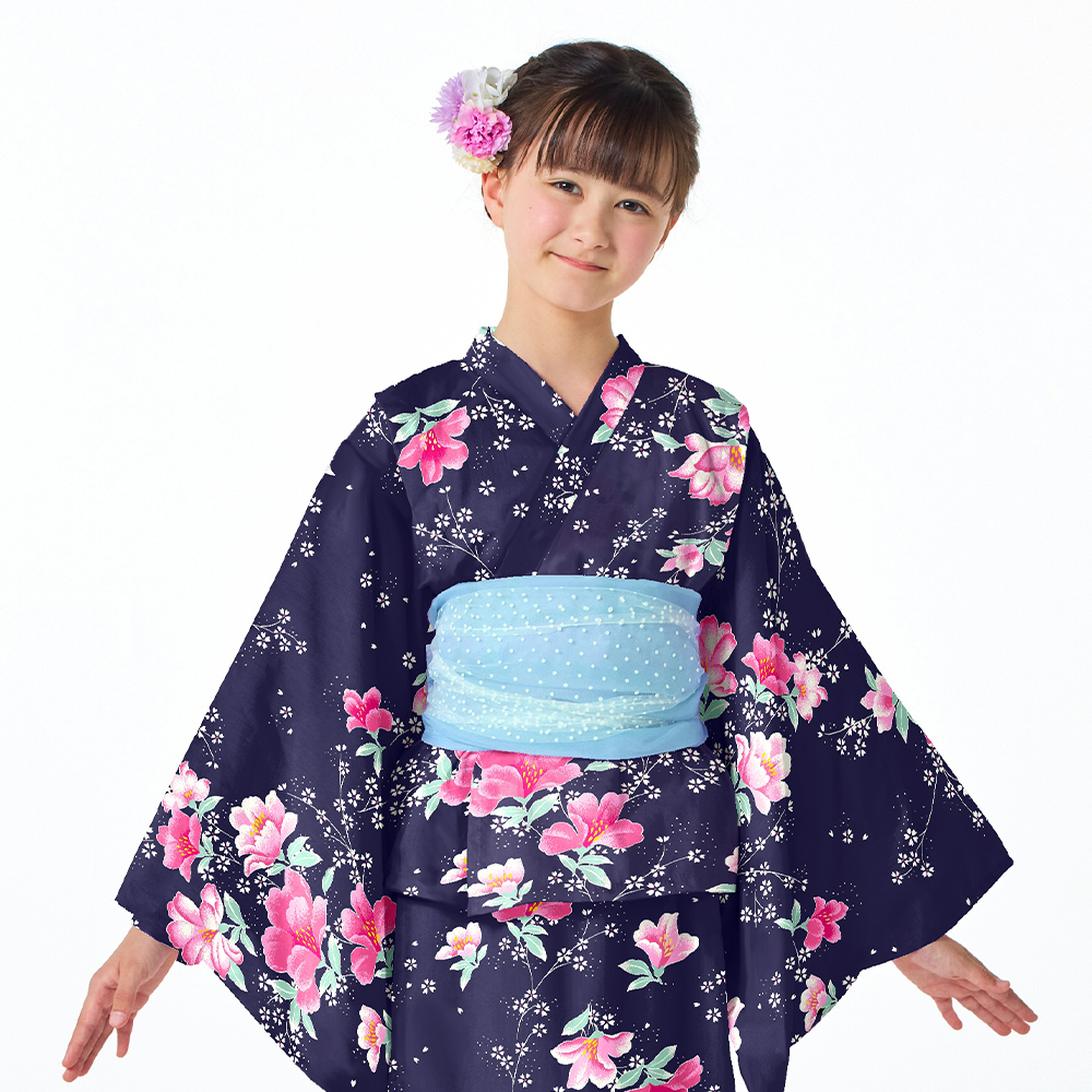 浴衣セット スイートピー・紺 ゆかた 浴衣ドレス 綿100% 子供 夏