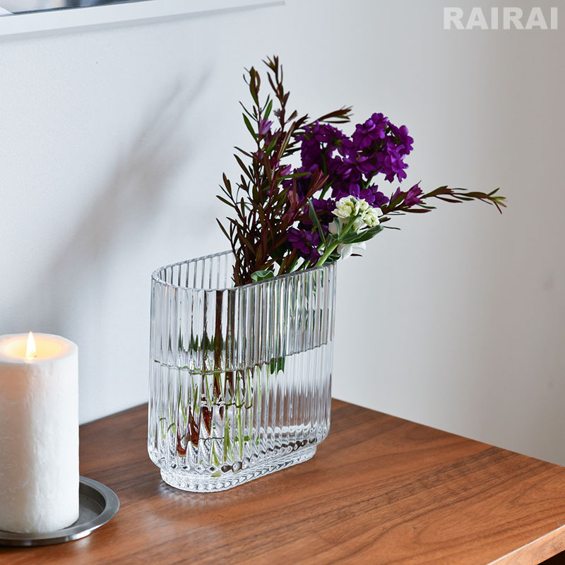 イエロー 花と葉の装飾 ガラス花瓶 Georg Jensen ジョージジェンセン オーバルベース ガラス 花瓶