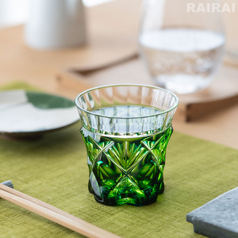 薩摩切子 二色冷酒杯 cut251 蒼黄緑 二色衣 島津薩摩切子 薩摩