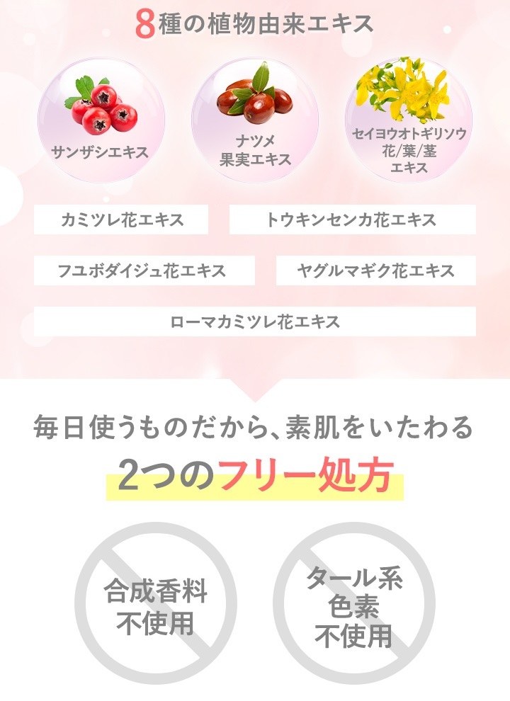 ８種の植物由来エキス・2つのフリー処方