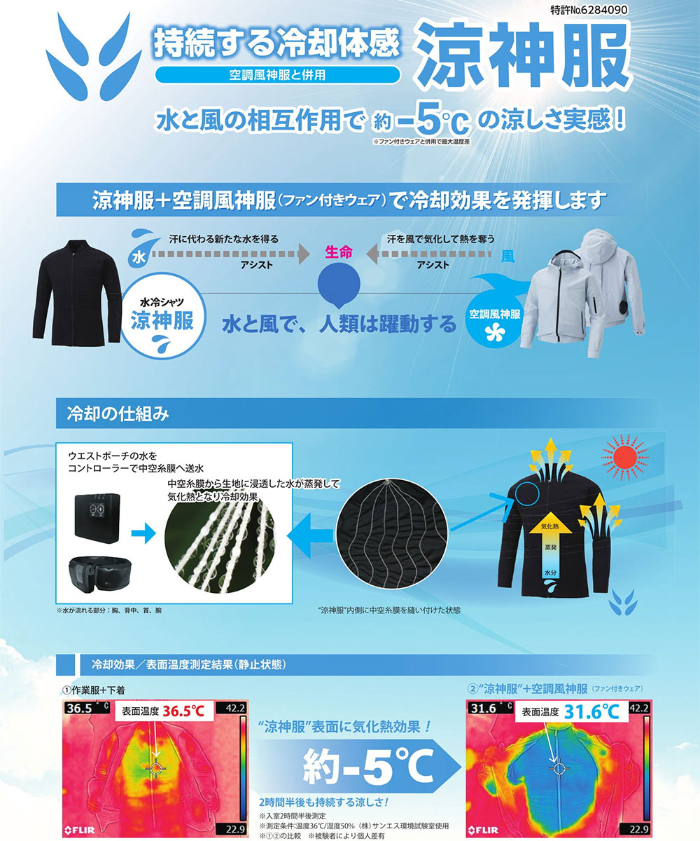 涼神服 水冷服 長袖シャツ インナー 冷却 涼しい メンズ レディース 作業服 ワークウエア 作業着 上着 空調風神服 熱中症対策 夏 アタックベース | アタックベース | 06