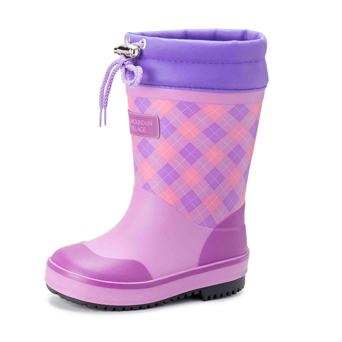 長靴 キッズ レインブーツ スパイク付き スノー 雪 フード付き ラバーブーツ 雨 長靴 ピンク ラベンダー 紫 パープル アウトドア