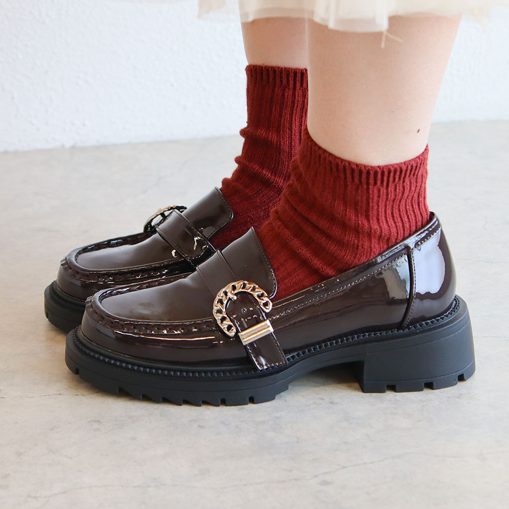 厚底 ローファー レディース 4.5cmヒール エナメル バックル ブラック