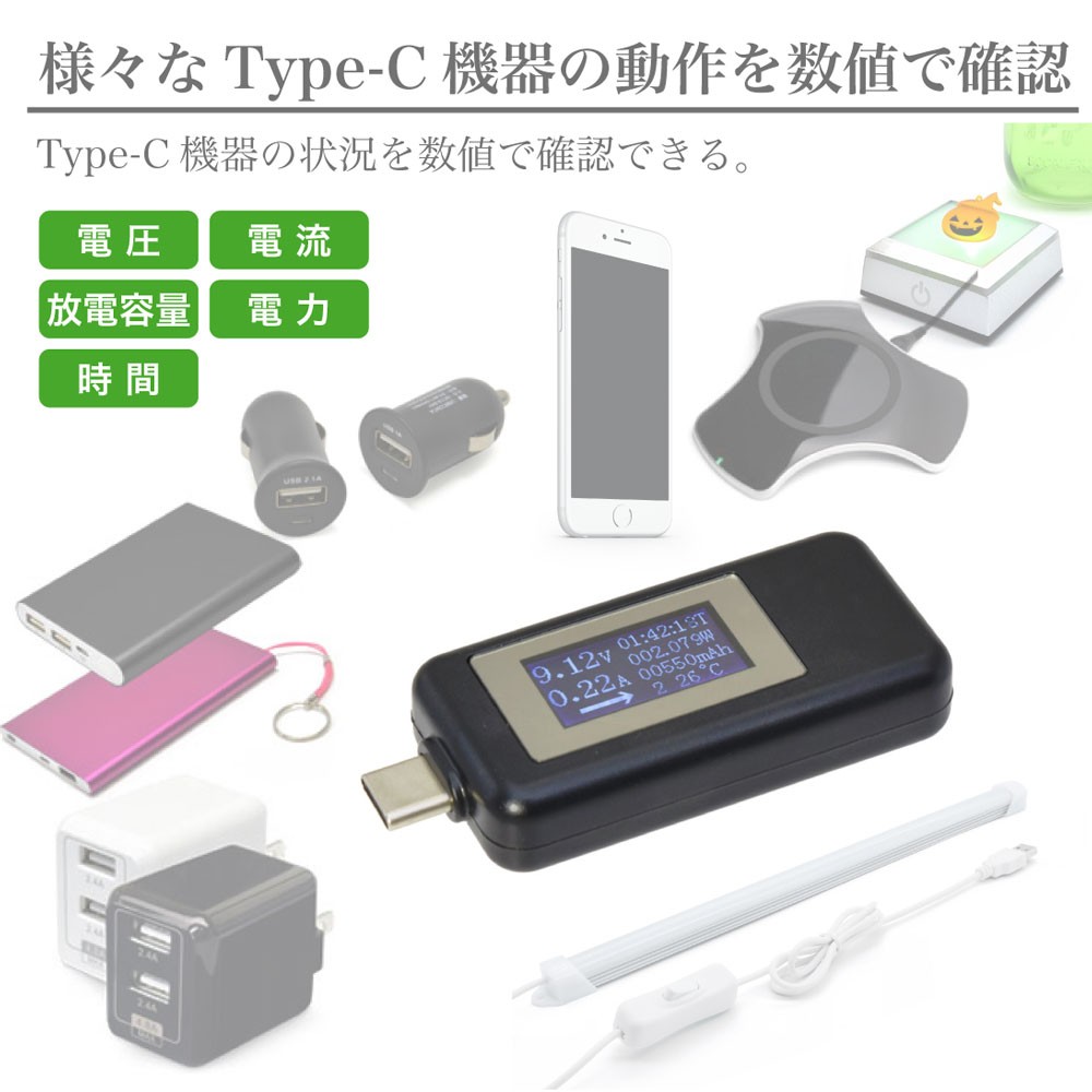 USB Type−C ポートの電圧・電流など様々な情報を表示できる テスター