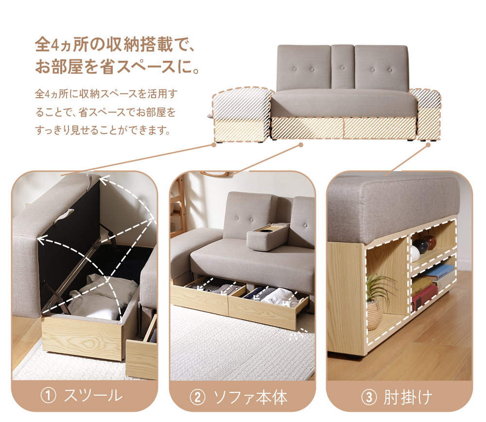 グレー◆2way収納できるソファベッド自由自在レイアウト スツール肘置きセット セルタン ソファベッド 収納付き ソファ スツール ベッド 肘掛け