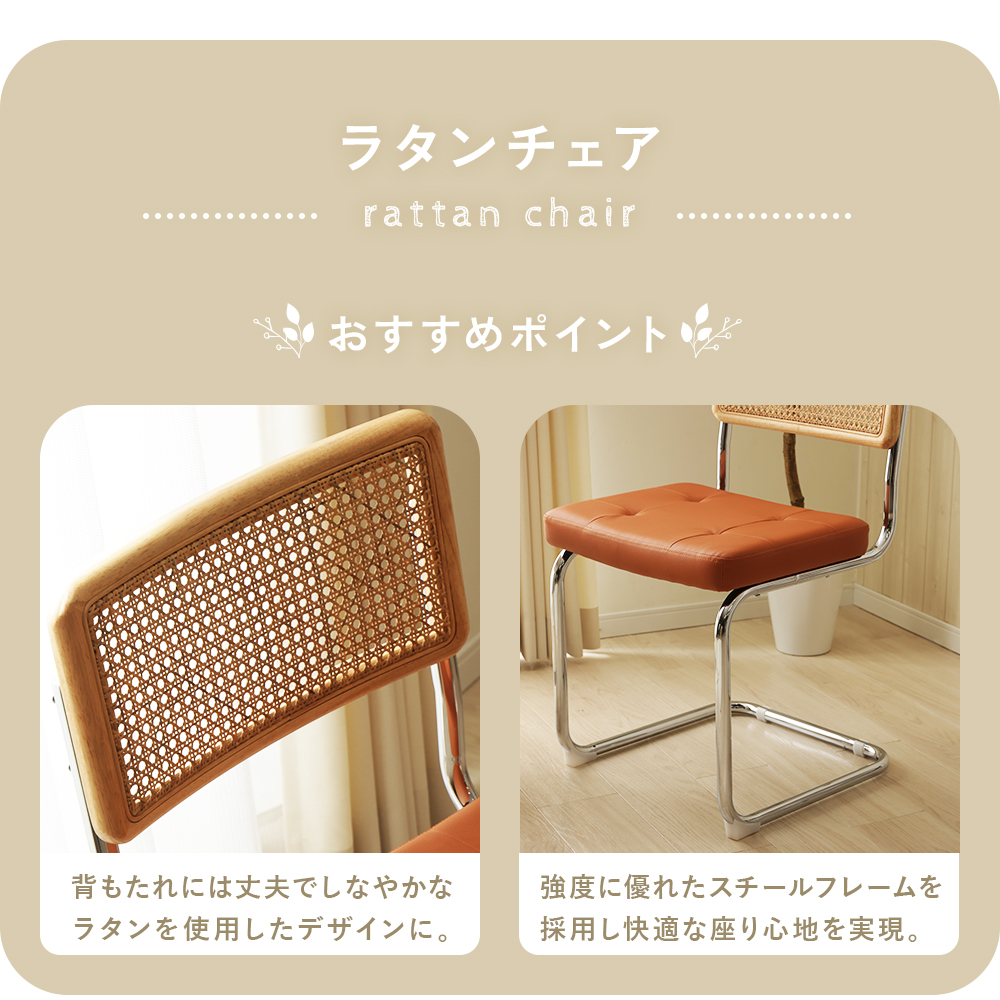 セルタン ダイニングチェア ラタン レザー チェア スチール脚 背もたれ