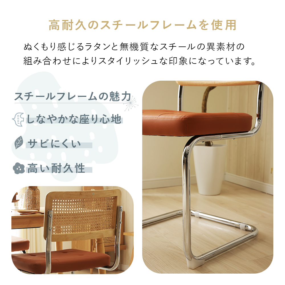 セルタン ダイニングチェア ラタン レザー チェア スチール脚 背もたれ