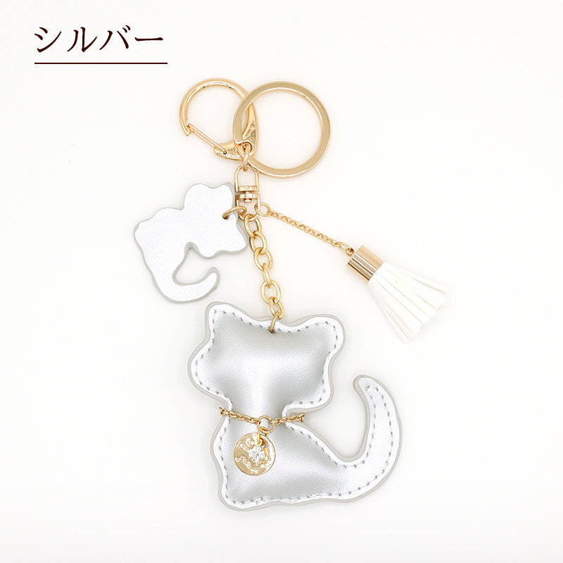 バッグチャーム キャット ねこ 猫 にゃんこ チャーム イニシャル レザー フリンジ キーホルダー バッグ フリンジ タッセルチャーム キーリング