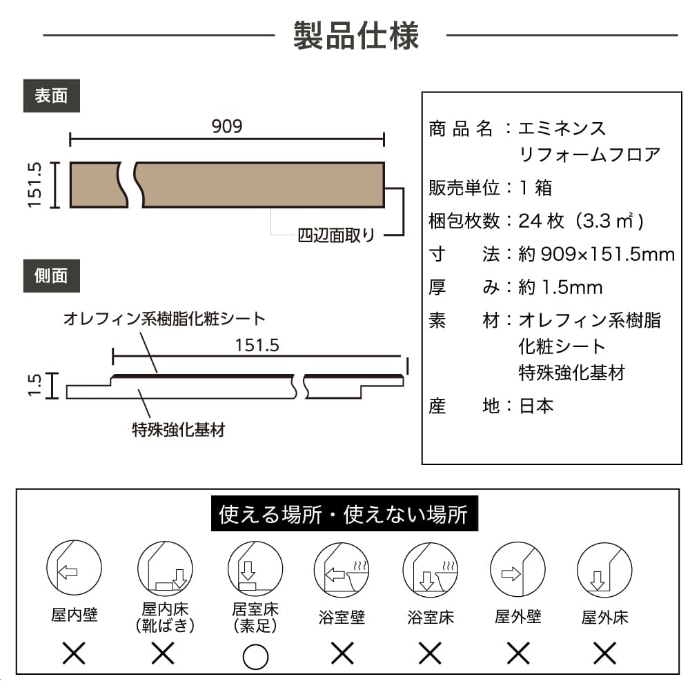 リフォーム用フローリング 床材 業界最薄1.5mm厚 床暖対応 貼替対応 日本製 DIY（エミランス リフォームフロアー(24枚入) 全7色 ケース販売　※メーカー直送品）｜ceracore｜24