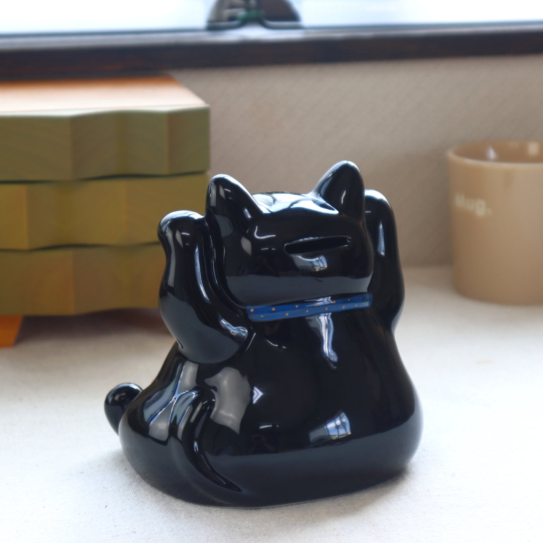 金運招き 黒猫貯金箱 置物 鈴付き 置き物 おしゃれ かわいい