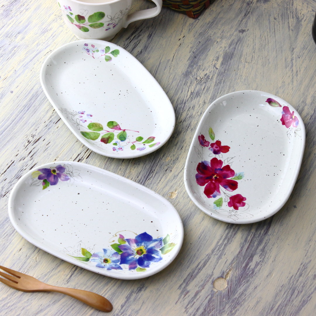e新品　陶器　陶芸作家　プレート皿5枚　316 細十草 16×14cm 五〇楕円深皿 プレート 皿 ボウル カフェ 食器