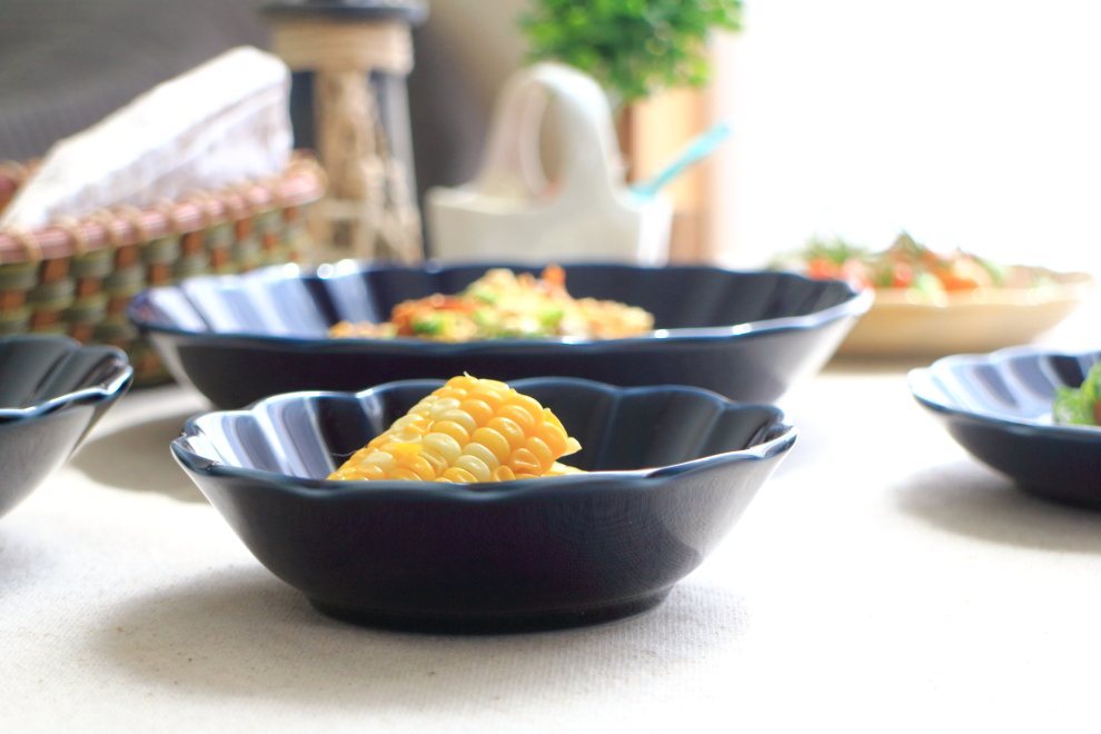 菊型ナス紺釉 小鉢 13cm 国産 美濃焼 4.5小鉢 ボウル ボール 中鉢 鉢