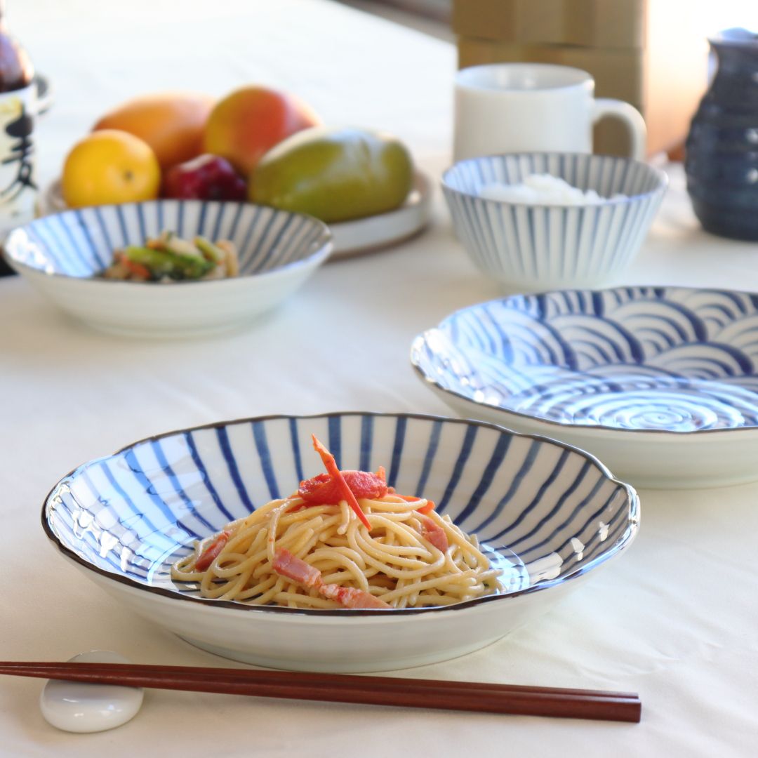 藍縄文 パスタ鉢 22cm 日本製 美濃焼 7寸深皿 パスタ皿 カレー皿 深皿
