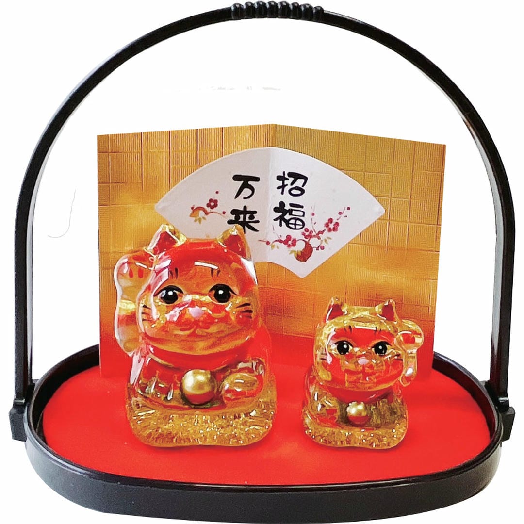 親子招き猫 金 硝子盆飾り E-4 ガラス 置物 置き物 おしゃれ かわいい