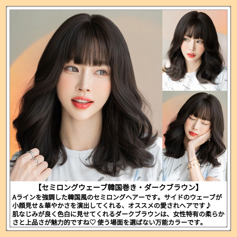 ウィッグ セミロング 韓国巻き ダーク ブラウン フルウィッグ