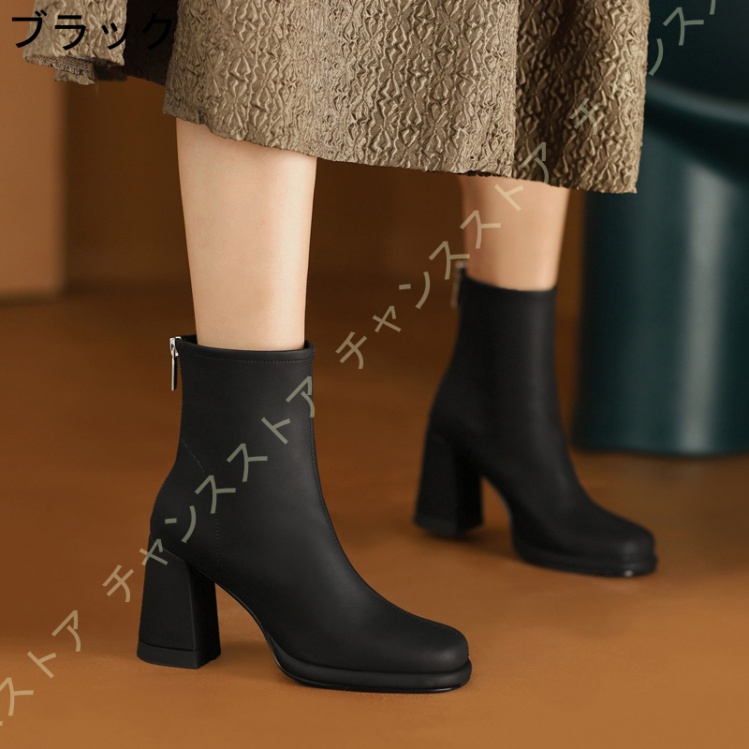 9cmヒール スクエアトゥ レディースブーツ ファスナー 着脱が簡単 ショートブーツ レディース 身長アップ チャンキーヒール 大きいサイズ ショートブーツー