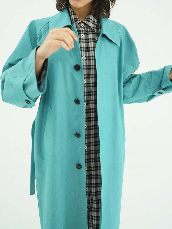 別注C/NサテンダブルロングCT Color Blue green SizeL CLANE（クラネ） 即日発送 正規商品 アウター バルキーライン サテン