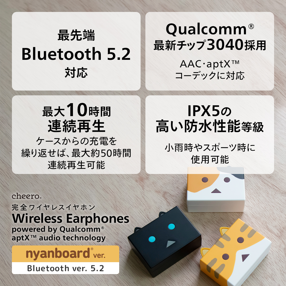 ワイヤレスイヤホン Bluetooth ブルートゥース iPhone Android 高音質 ニャンボー ダンボー チーロ cheero  Nyanboard Wireless Earphones :CHE-629:cheero mart 通販 