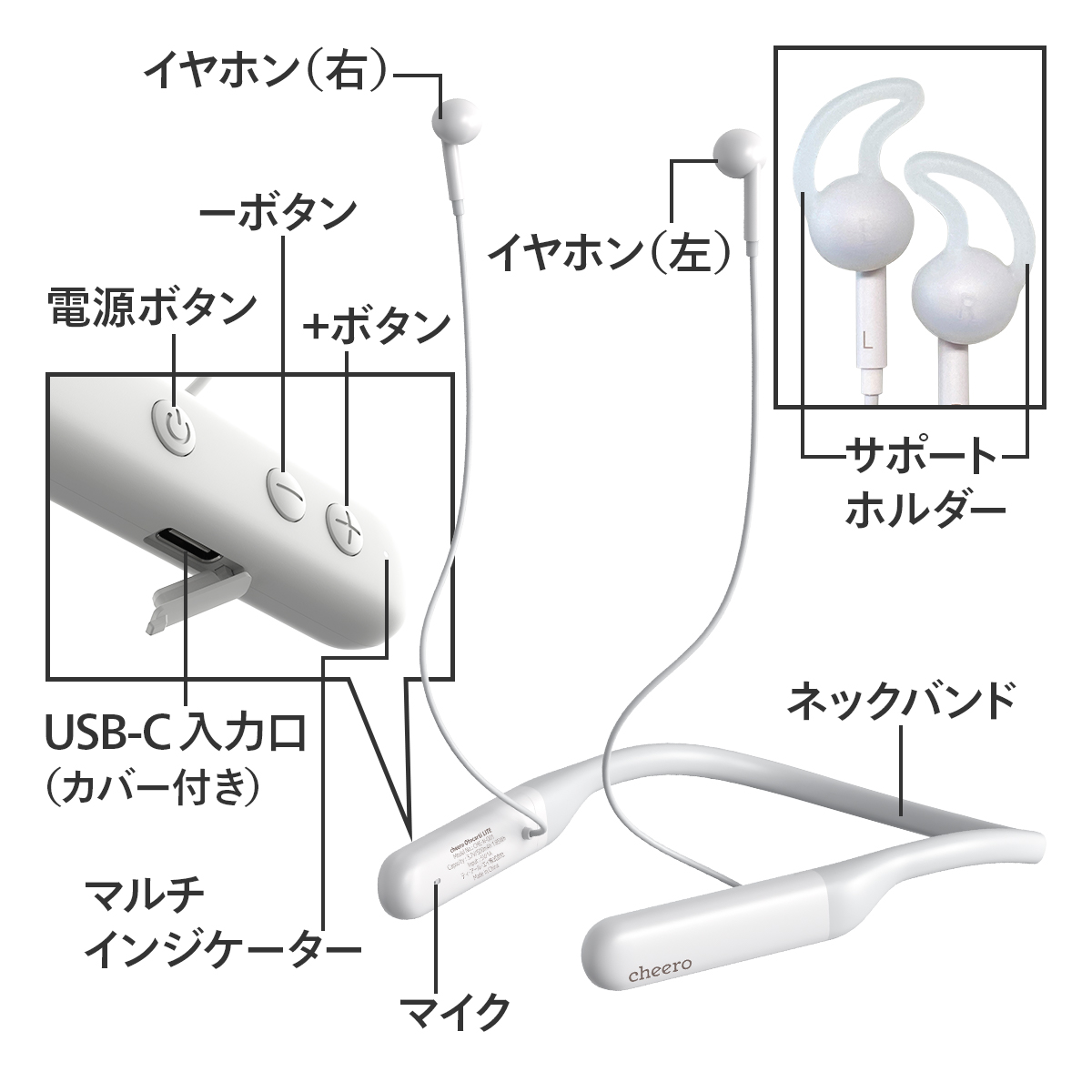 ワイヤレスイヤホン 軟骨伝導 チーロ cheero Otocarti LITE ネック