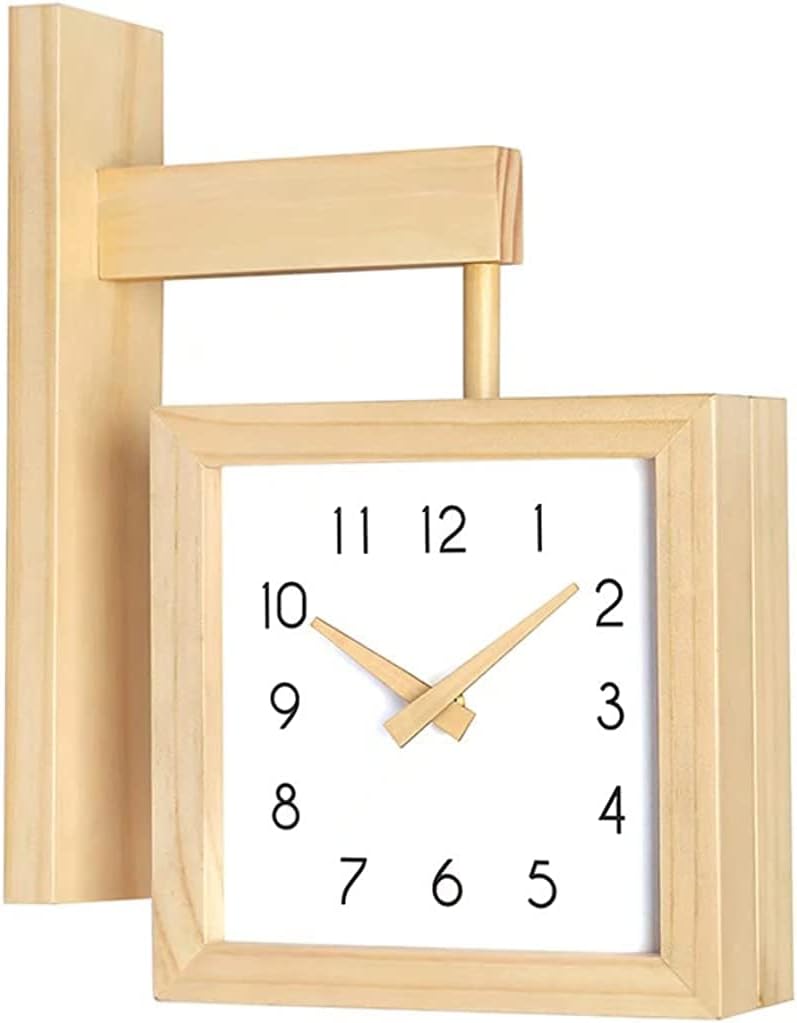 両面時計 木製掛け時計 クロック デザイン 壁掛け時計 おしゃれ 無垢 木製指針 四角い 木製時計 ...