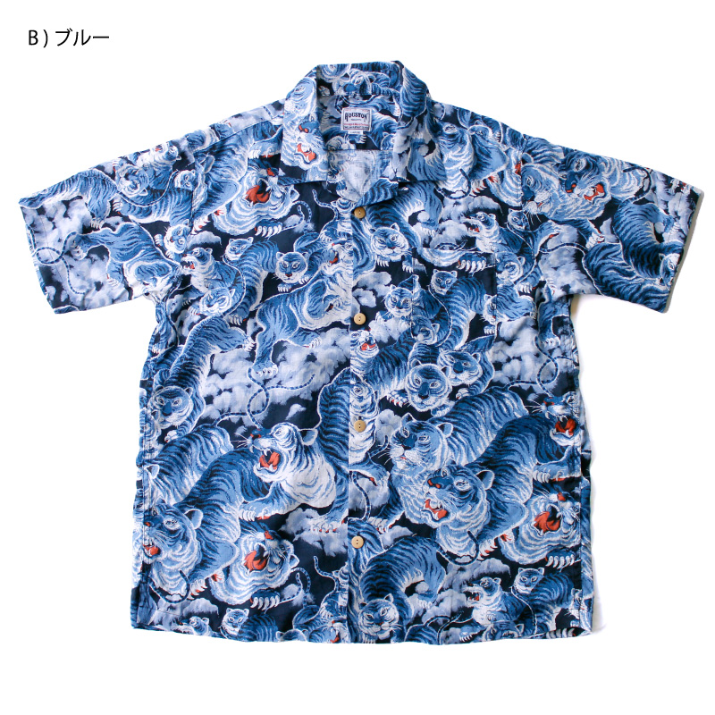 美品 ヒューストン レーヨン100% ドラゴン 刺繍 オープンカラーシャツ M HOUSTON ヒューストン 百虎シャツ リネン 麻素材 オープンカラー